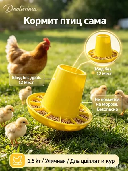 Автоматическая бункерная кормушка для кур и цыплят, 1.5 кг / 1.5 л пластиковая, уличная кормушка для птиц, желтая, 1 шт.