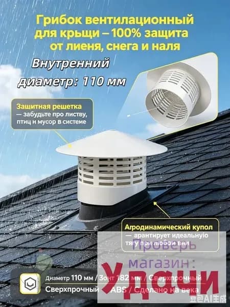 Колпак на вентиляционную трубу 110 мм, крышка-зонт для крыши и каналов - вентилируемый дефлектор грибок от дождя для фановой трубы и вытяжного дымохода