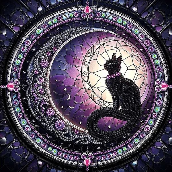 Алмазная картина черная кошка, 5D стразы на холсте 30x30 см, частичная выкладка