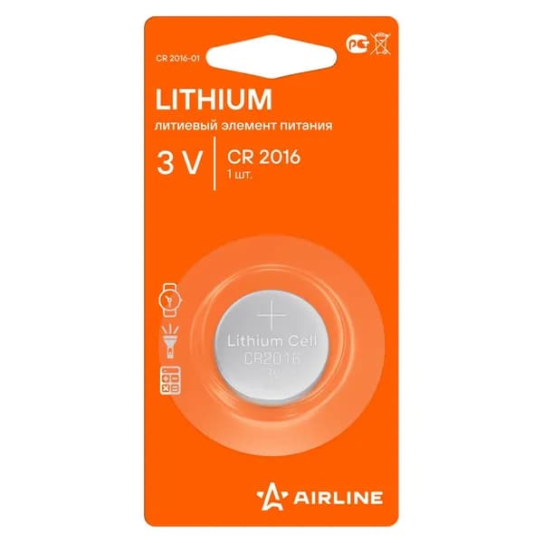 Батарейка литиевая AIRLINE Lithium Battery CR2016 3V 1 шт CR2016-01