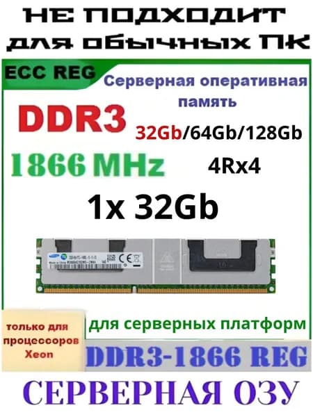 Оперативная память Серверная DDR3-1866 32Gb REG ECC (подходит под Xeon LGA 2011) DDR3, 1866 МГц, 1 x 32 ГБ (000094)