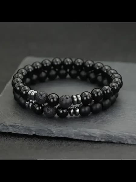 Мужские браслеты из камня (2 шт.) Черный, obsidian stone, 20