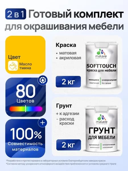 Комплект Malare SoftTouch для окрашивания мебели (2кг грунт + 2кг краска) акриловый без запаха быстросохнущий матовый, цвет масло тмина