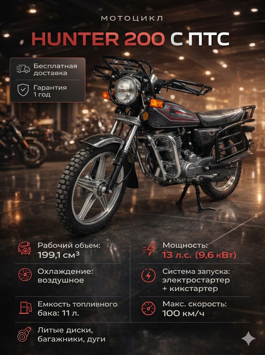 Мотоцикл HUNTER 200 с ПТС (серый), 13 л.с., механика 5 передач, электростартер и кикстартер, для города, для села, для деревни, для взрослых бензиновый