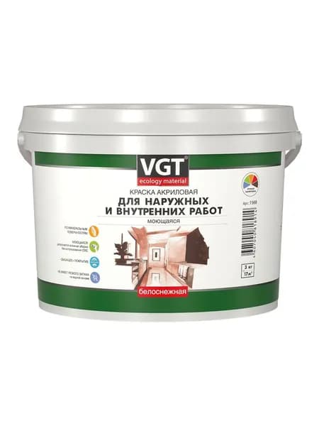 Краска воднодисперсионная, VGT, акриловая, универсальная, моющаяся, матовая, белоснежная, 3 кг