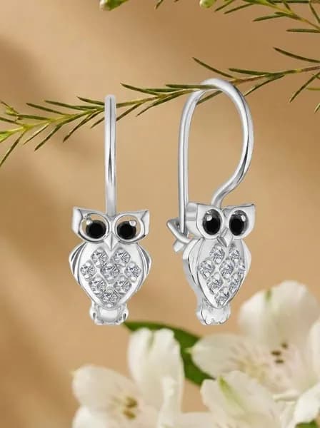 Серьги совы серебро 925 пробы с фианитом