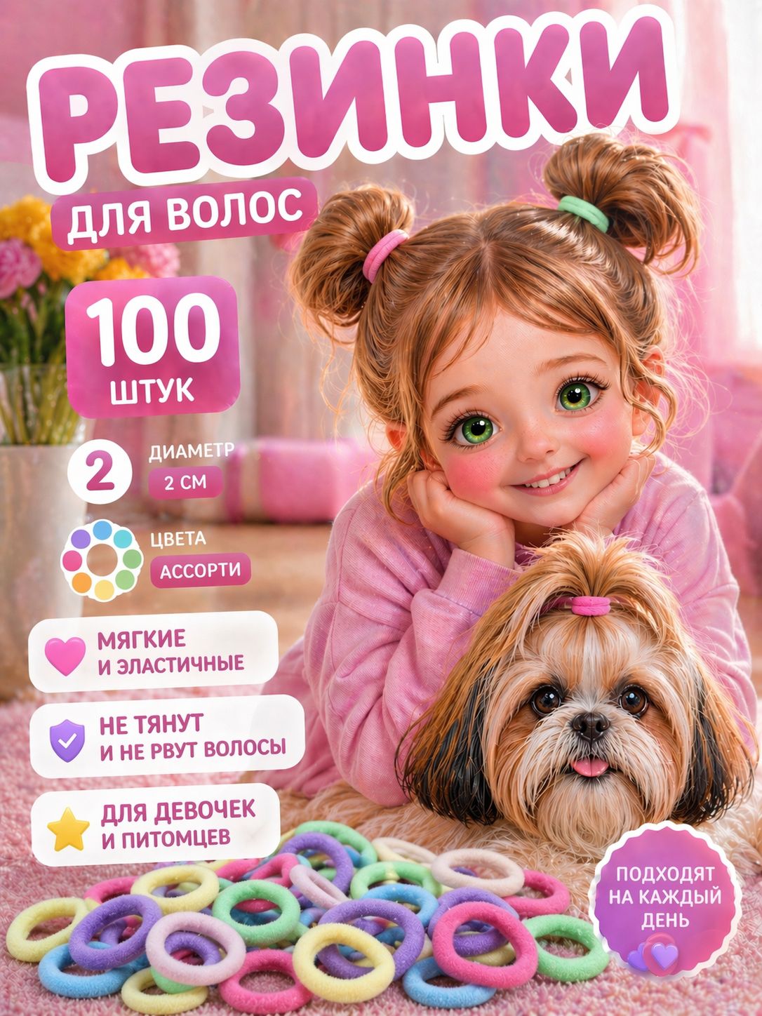 Резинки для волос детские,маленькие 2 см,разноцветные,нейлоновые,бесшовные,100шт.