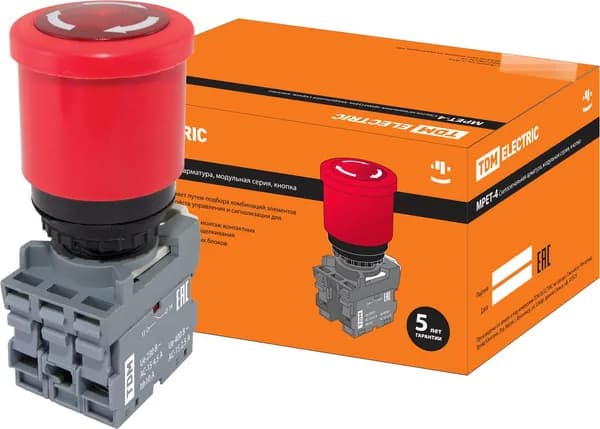 Кнопка управления TDM Electric / ТДМ Электрик MPET4-10R грибок, возвратная с поворотом, красная, 1з+1р 220В IP40, под отверстие диаметром 40мм, SQ0747-0030 / кнопочный пост