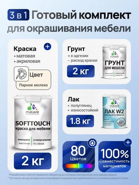 Комплект Malare SoftTouch для окрашивания мебели (2кг грунт + 2кг краска + 1.8кг лак) акриловый без запаха быстросохнущий полуглянцевый, цвет пепельный блонд