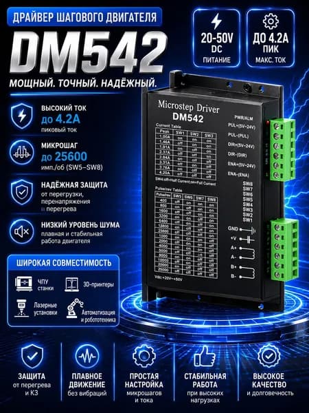Драйвер шагового двигателя DM542, микрошаговый привод для 42/57 шаговых двигателей Nema17 Nema23 напряжение питания 20 - 50V DC 1 - 4.2A