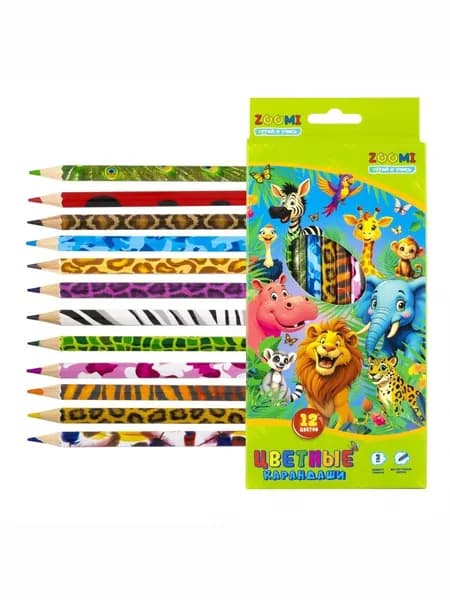 Карандаши цветные Zoomi "ZOO. Джунгли", 12 цв