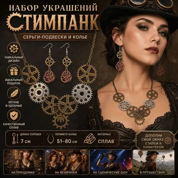 Набор украшений в стиле стимпанк: серьги и ожерелье, 3 предмета