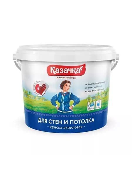 Краска акриловая интерьерная Казачка W-3, водно-дисперсионная, матовая, белая, 2.7 кг