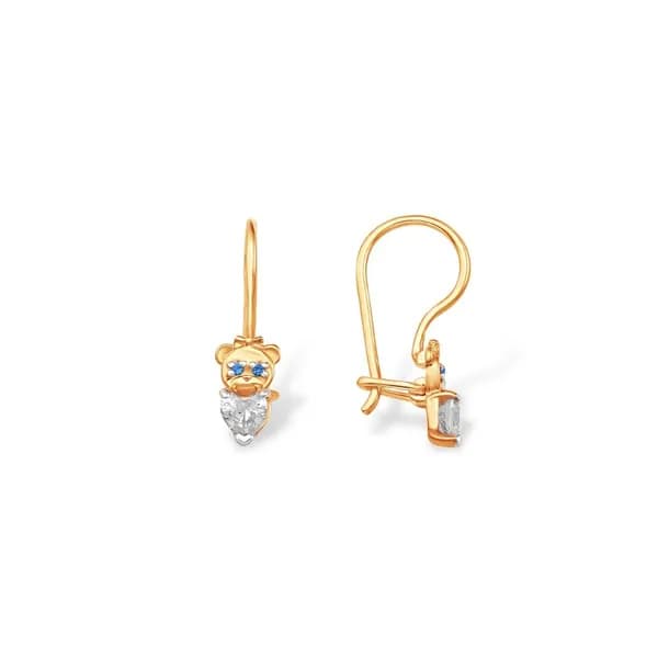 Серьги Мишка детские с фианитами из красного золота 375 пробы 585GOLD