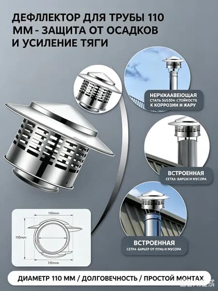 Колпак для дымохода и вентиляции, нержавеющая сталь 110мм - зонт-дефлектор с защитной сеткой от птиц и осадков, оголовок на фановую трубу вытяжки