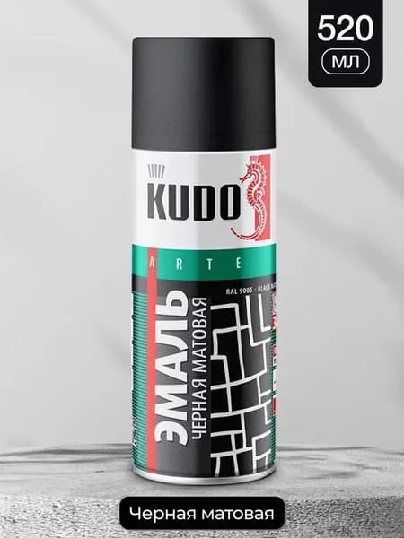 KUDO Аэрозольная краска Быстросохнущая, Гладкая, до 120°, Алкидная, Матовое покрытие, 0.52 л, 0.36 кг, черный матовый