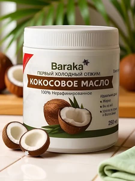 Кокосовое масло Baraka нерафинированное первого холодного отжима Extra virgin 250 мл Шри-Ланка пищевое, для готовки, косметических целей
