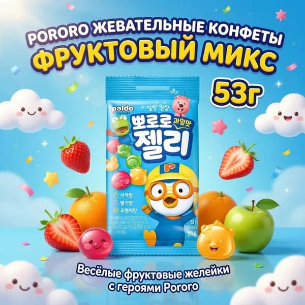 Жевательные конфеты Paldo Pororo со вкусом ассорти фруктов, 53 г 1 шт