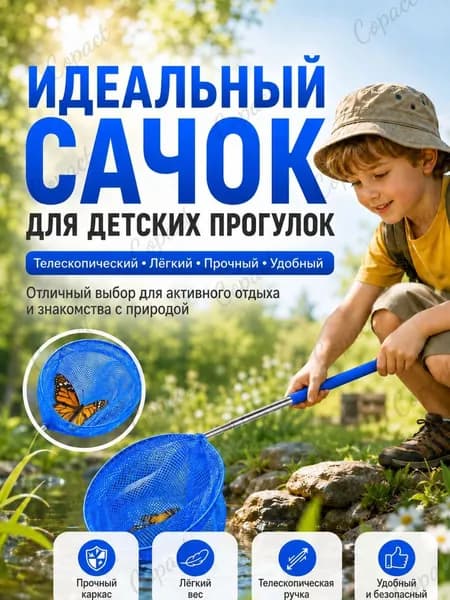 Сачок для ловли бабочек и насекомых телескопический детский, складной с выдвижной ручкой, легкий сетчатый сачок для прогулок и изучения природы