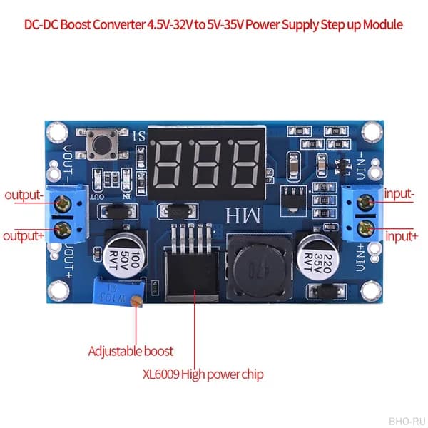 Модуль п двищувального преобразователя DC-DC с входом 4.5V-32V и выходом 5V-35V, максимальным выходным током 4A, частотой переключения 400kHz, вольтметром и кнопкой сенсорного переключения