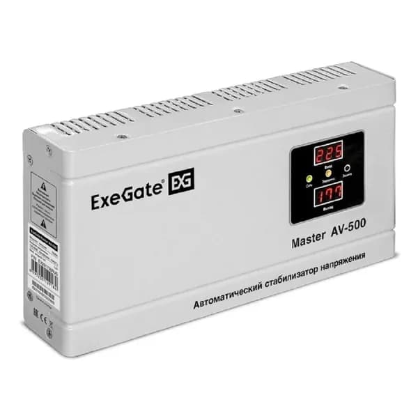 Стабилизатор напряжения ExeGate Master AV-500 (500ВА, 140-260В, цифр. индикация вход/вых. напряжения, 220В 8%, КПД 98%, 5 уровней защиты, задержка, метал.корпус, евророзетка, RTL)