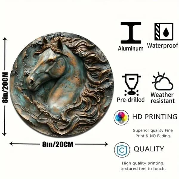 Винтажная круглая жестяная табличка с 3D-эффектом головы лошади, ретро-декор в деревенском стиле с бронзовой патиной, металлическая настенная табличка с лошадьми, водостойкая, с эффектом состаривания.