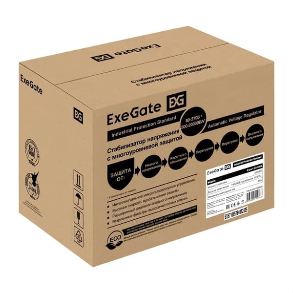 Стабилизатор напряжения ExeGate Expert AS-5000 (5000ВА, вход 140...260В, двойная цифр. индикация вход/вых. напряжения, выход 220В 8%, КПД 98%, 5 уровней защиты, метал. корпус, клем.колодка, RTL)