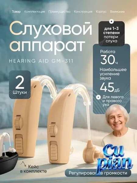 Слуховой аппарат заушный Hearing Aid GM-311 для слабослышащих, пожилых с зарядным устройством 2шт. в удобном кейсе, сменные насадки с кабелем для зарядки в комплекте / Усилитель слуха