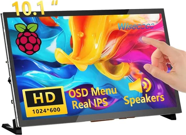 Wisecoco Пиксельный экран Сенсорный монитор для Raspberry Pi, 10.1'' IPS LCD экран 1024 * 600 Smooth Touch, встроенные двойные динамики, HDMI вход, совместим с Raspberry Pi 5/4/3/Zero, простая настройка без драйверов (10.1 дюйма), черный матовый