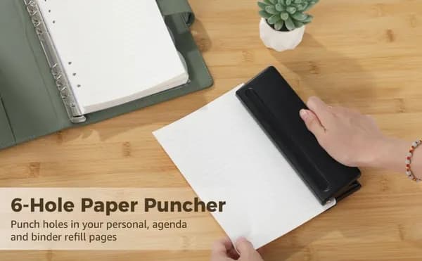 Дырокол на 6 отверстий, черный, подходит для бумаги форматов A4, A5, A6, A7, A8, B5, M5, с регулируемым расстоянием между отверстиями и шкалой позиционирования, пробивает 6-7 листов планировщи
