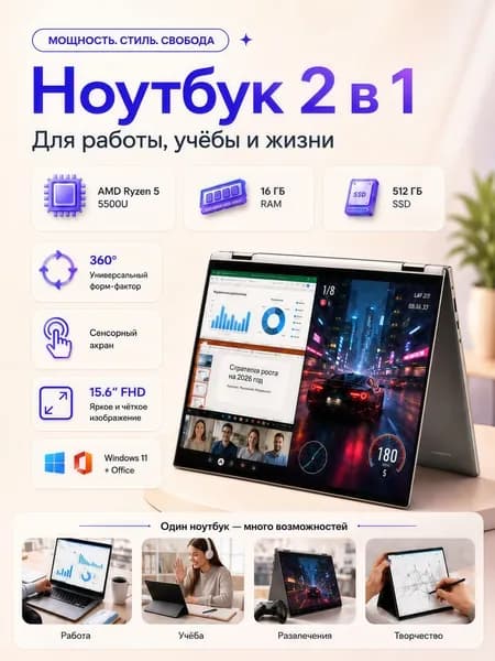 Ninkear YBOOK 15 Uitra(Двойная ОЗУ и SSD,6 ядер,360° флип сенсорный экран)Ноутбук 2-в-1, подходит для учёбы, работы, дизайна, мощный игровой ноутбук Игровой ноутбук 15.6", AMD Ryzen 5 5500U, RAM 16 ГБ, SSD 512 ГБ, AMD Radeon, Windows Pro, серый металлик, Русская раскладка
