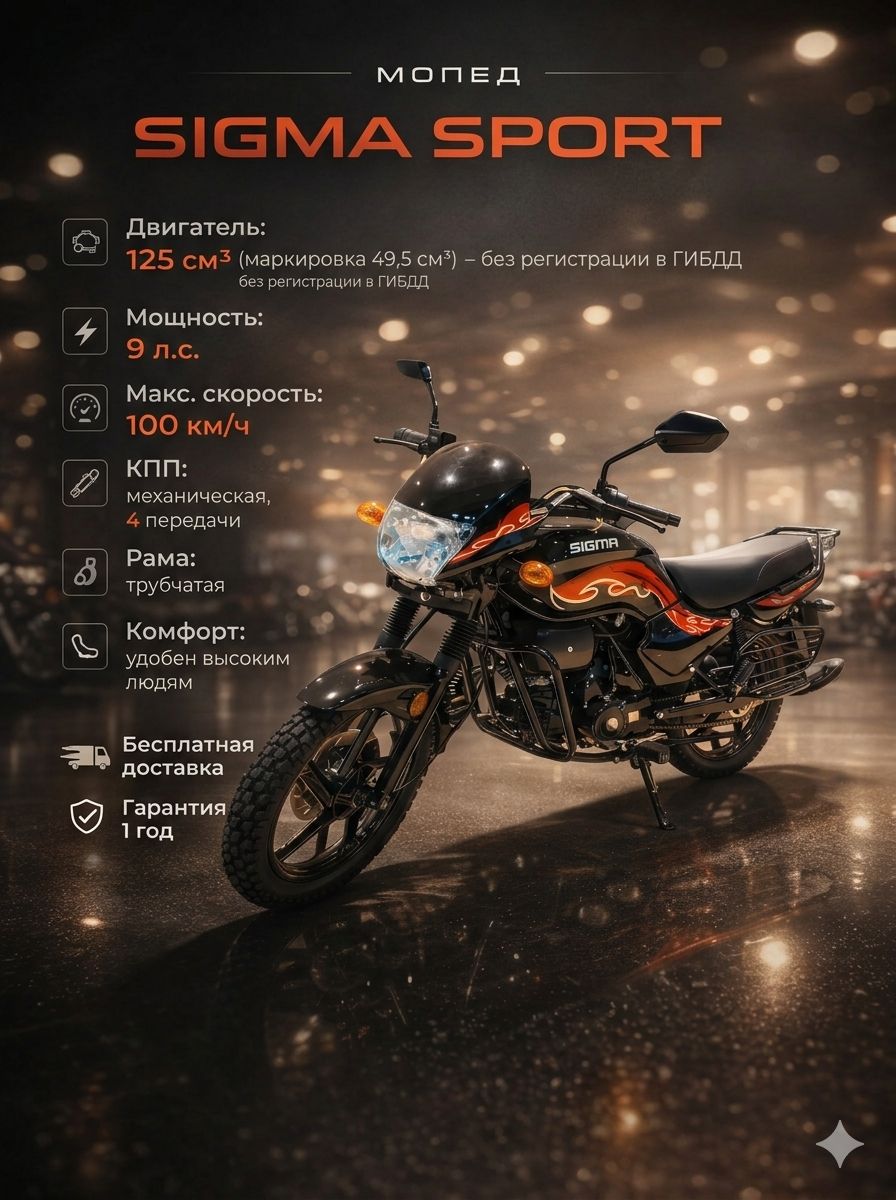 Мопед SIGMA SPORT 125 см3 (49,9 см3) (черно-красный), 9 л.с., механика, 4 передачи, электростартер и кикстартер, для города, для села, для деревни, для взрослых бензиновый