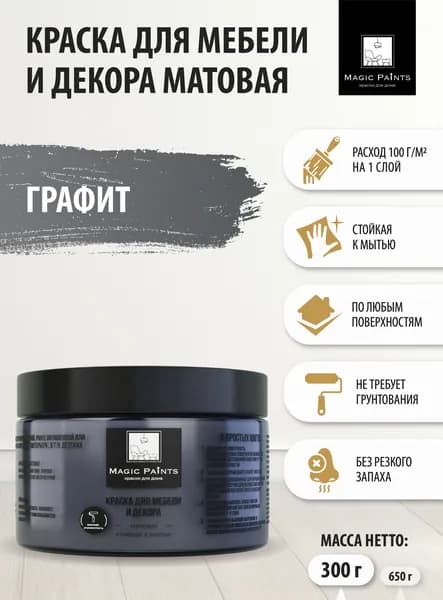 Матовая краска для мебели и декора Magic Paints без запаха для окраски стен и потолков, дерева и кухни, кухонных фасадов, пластика и стекла, металла, дверей и плитки цвет Графит, 0.3 кг