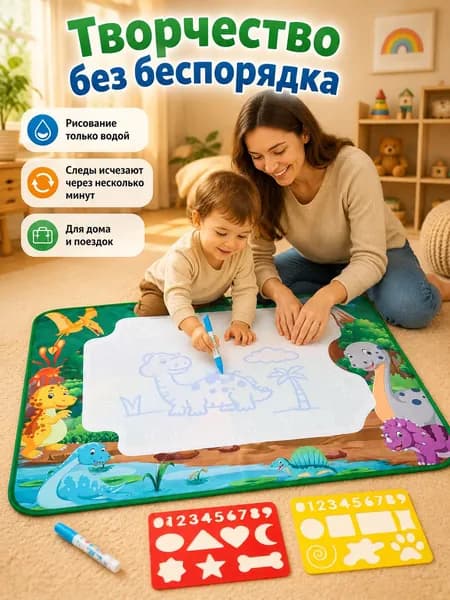 Детский водный коврик для рисования 80X60 см с динозаврами, многоразовый коврик для рисования водой, 2 водные ручки и 2 EVA трафарета, развивающая игрушка для обучения и творчества