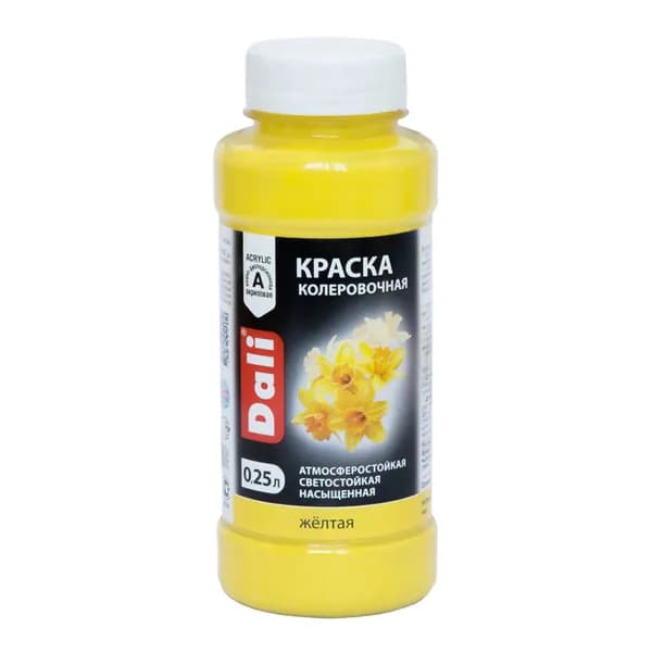 Краска-колер для хобби и творчества, Желтый 0,25л, атмосферостойкая, от -40 до +40 С, светостойкая (6-8 баллов), Для декора, устойчива к выгоранию, влажной уборке, без запаха, по мин поверхности, дереву, загрунтованному металлу, Рогнеда