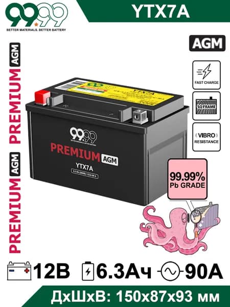 Мото аккумулятор стартерный 9999 YTX7A-BS 12В 6,3Ач (12V 6,3Ah) прямая полярность 90А (CT 1207) AGM, аккумулятор для мотоцикла, скутера, гидроцикла, мопеда, снегохода и генератора