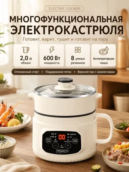 Многофункциональная электрическая кастрюля 2 л, 600 Вт, электрокастрюля с пароваркой, 4 режимов, отложенный старт до 9,5 ч, поддержание тепла, антипригарная чаша, корзина для риса