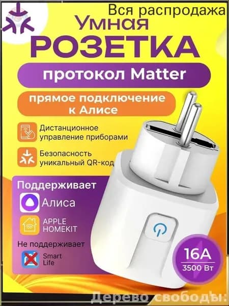 Управляемая голосом розетка Matter Smart Plug для премиум умного дома, настраиваемая через единое приложение, совместима с Алисой и Google Home, поддерживает таймер и работу без интернета