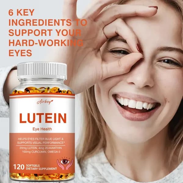 Мягкие капсулы Airboy Lutein Eye Care - 20 мг лютеина, 4 мг зеаксантина, 100 мг куркумина и омега-3 - Помогают защитить глаза, снизить окислительный стресс и бороться со свободными радикалами