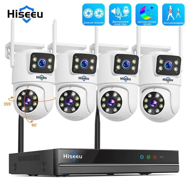 Hiseeu Wi-Fi Комплект камеры видеонаблюдения,10CH NVR Набор,3K(3MP+3MP) 4 IP-камеры с двумя объективами,без жесткого диска,цветное ночное видение,автоматическое слежение,двусторонняя аудиосвязь,P2P
