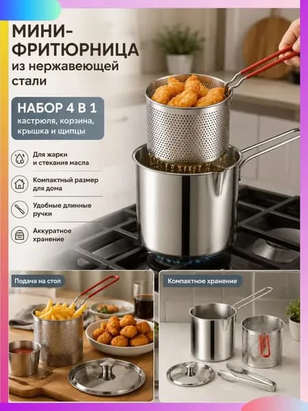 Компактная фритюрница премиумкласса из нержавеющей стали 4 в 1, где кастрюля для жарки оснащена корзиной, крышкой и щипцами, применяется для приготовления картофеля фри, креветок, наггетсов и закусок