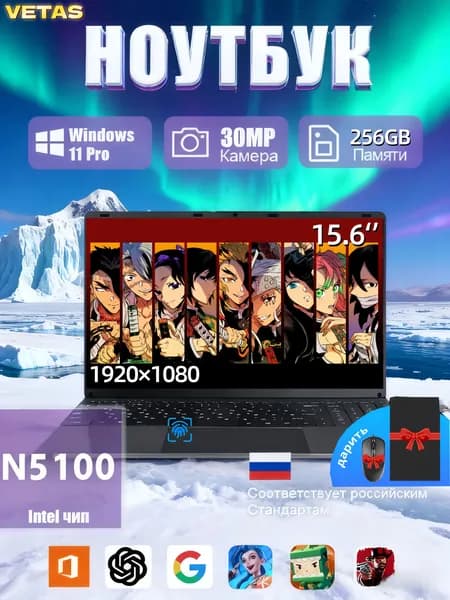 VETAS ноутбук игровой/ноутбук для работы и учебы Игровой ноутбук 15.6", Intel Celeron N5100, RAM 16 ГБ, SSD 256 ГБ, Intel UHD Graphics, Windows Pro, серебристый, Русская раскладка