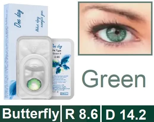 Зеленые Офтальмикс Butterfly One Day -1.00, 14.2, 8.6, 2 штуки (линзы). Подходят для тёмных и светлых оттенков глаз. Green(зелёный) контактные цветные линзы зеленого цвета. Срок ношения - 1 день