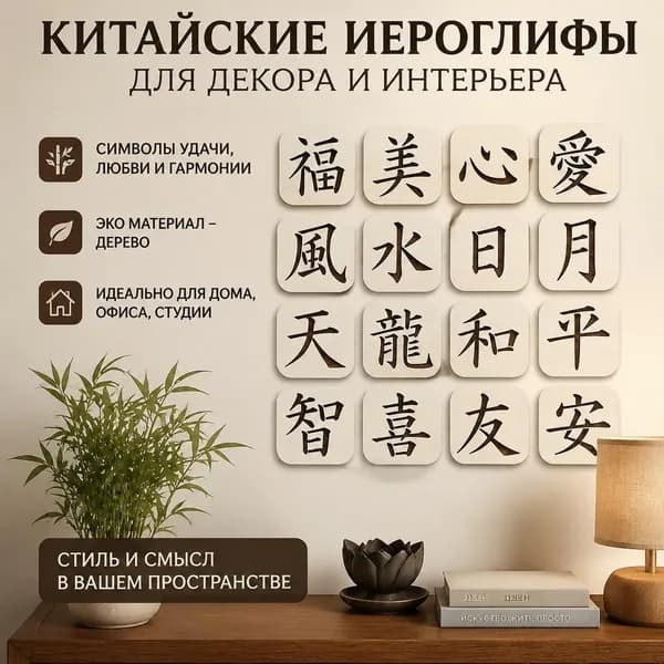 Набор настенных декоративных плиток 16 шт с китайскими иероглифами каллиграфии, фэн-шуй стиль, деревянные элементы для украшения интерьера, символы счастья, любви, гармонии и мира