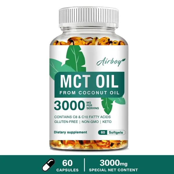 Биологически активная добавка Airboy MCT Oil из кокосового масла, разработанная для поддержки кетогенной диеты, повышения энергии, контроля веса и улучшения когнитивных функций.