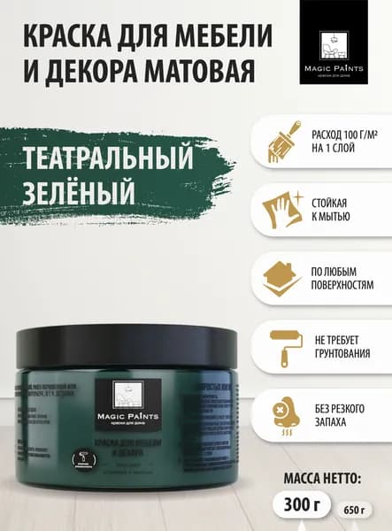 Матовая краска для мебели и декора Magic Paints без запаха для окраски стен и потолков, дерева и кухни, кухонных фасадов, пластика и стекла, металла, дверей и плитки цвет Театральный Зеленый 0.3 кг