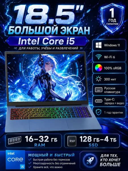 Vicyoung 18.5" большой экран FHD IPS, Intel Core i5, Wi‑Fi 6, RGB-подсветка, настраиваемая конфигурация, Игровой ноутбук 18.5", Intel Core i5-1038NG7, RAM 16 ГБ, SSD 256 ГБ, Intel Iris Plus Graphics G7, Windows Pro, голубой, Русская раскладка