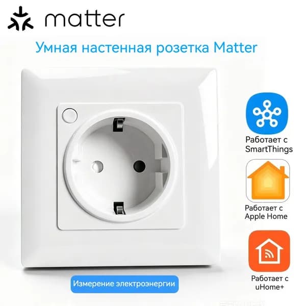 Умная настенная розетка Matter EU/Russia, совместимая с Alexa, Apple Home, SmartThings, с дистанционным голосовым управлением, таймером, uHome+ и функцией учета энергопотребления.