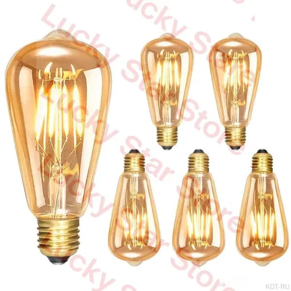 Ретро-лампа Vintage Edison E27, регулируемая яркостью ST64 4Вт, LED-лампа со старыми элементами, 5 штук, тёплый белый 350 люмен, для ностальгической ретро-освещения дома, кафе и бара