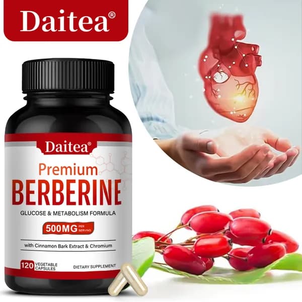 Формула для улучшения метаболизма глюкозы Daitea содержит гидрохлорид берберина, экстракт корицы и хром, которые помогают стабилизировать уровень сахара в крови и улучшить функцию печени. 120 капсул.